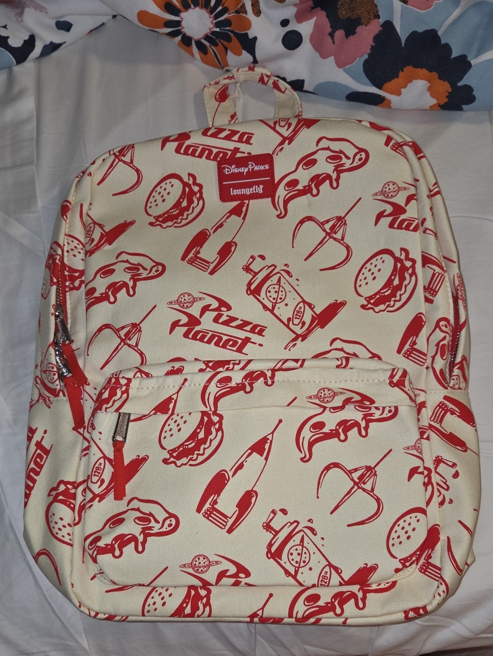 Loungefly Cream and Red Pizza Planet Print Backpack